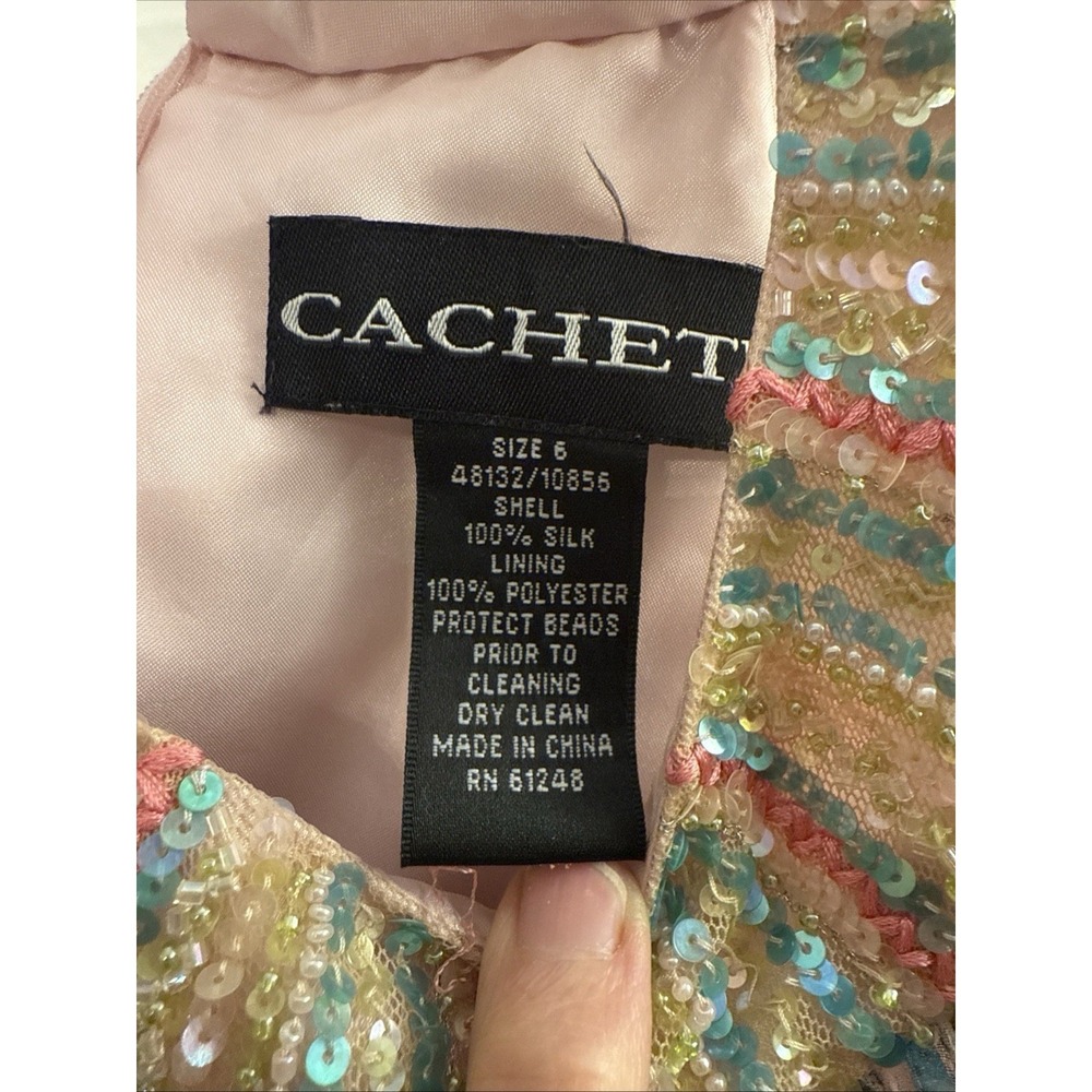 Cachet Women's Sz 6 Dress Pink & Green Blue Beaded Neckline Paisley Print - Picture 10 of 16